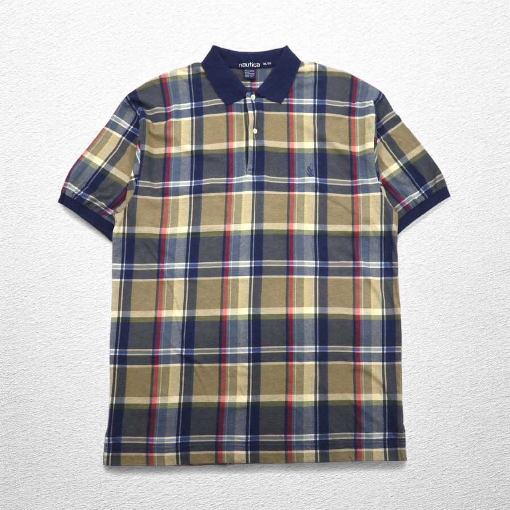 nautica 90s polo shirt, XL, navy, check, cotton, one-point logo embroidery