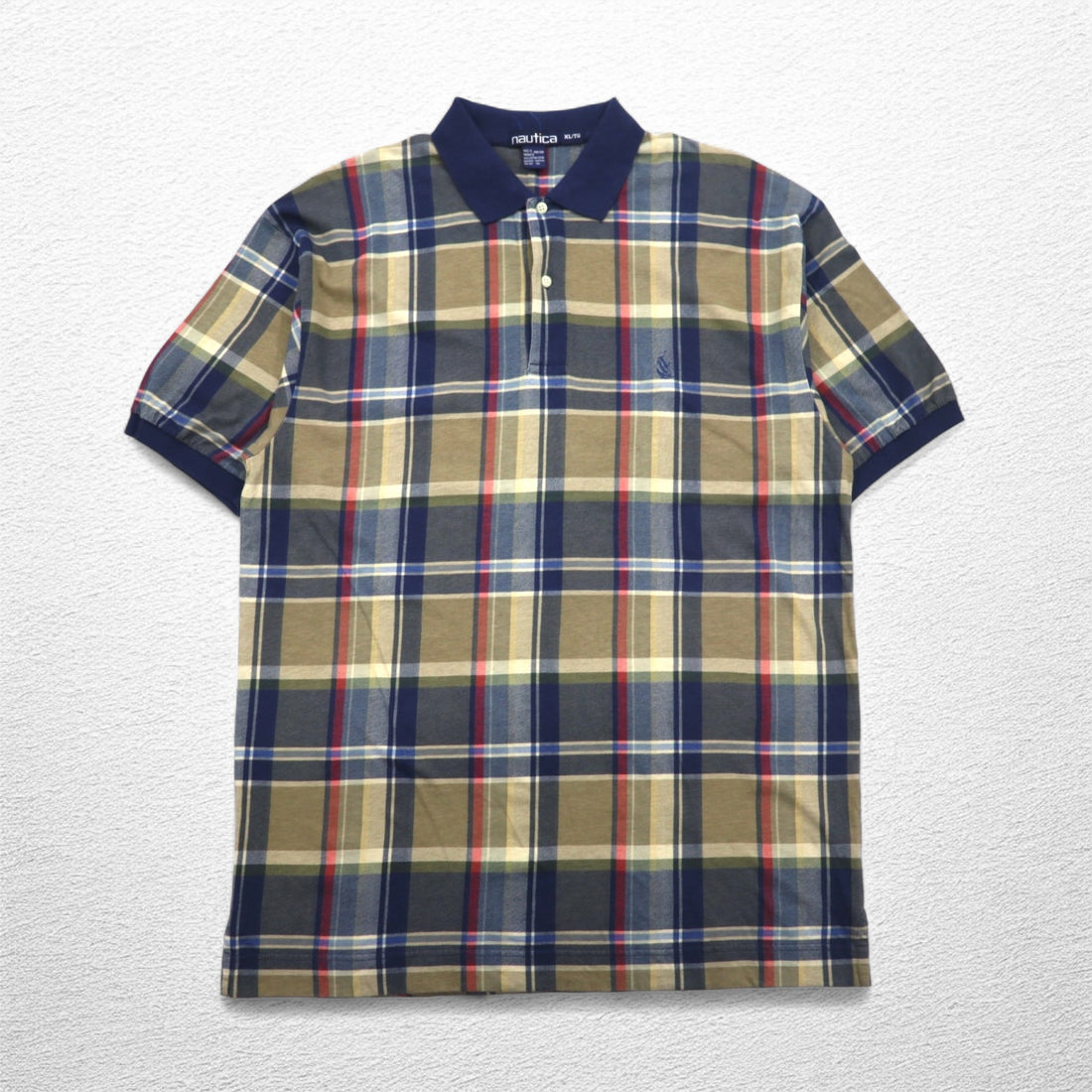 nautica 90s polo shirt, XL, navy, check, cotton, one-point logo embroidery