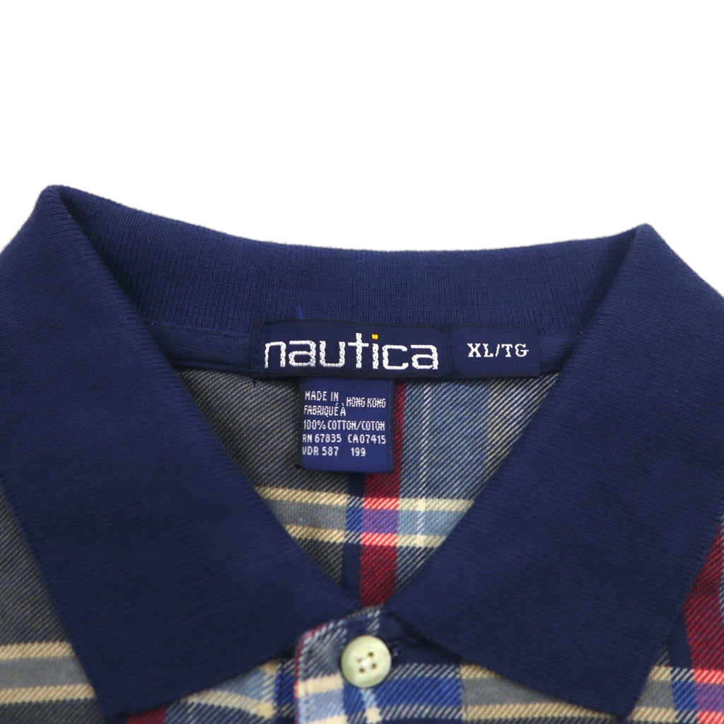 nautica 90s polo shirt, XL, navy, check, cotton, one-point logo embroidery