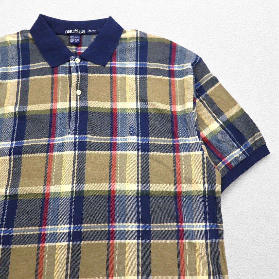nautica 90s polo shirt, XL, navy, check, cotton, one-point logo embroidery