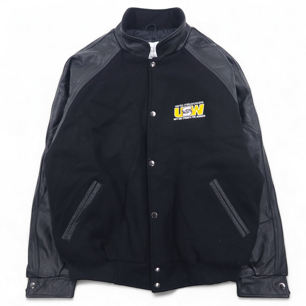 日本然リトテ-古着オンライン-UNIVERSAL promotions レザー切替 メルトン スタジャン L ブラック レザー UNITED STEEL WORKERS-UNIVERSAL promotions Leather switching Melton Varsity Jacket L Black Leather UNITED STEEL WORKERS