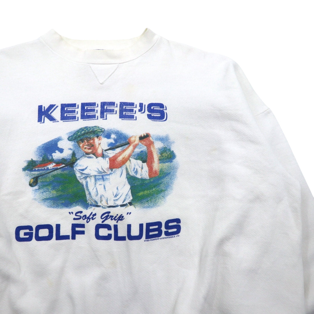 90s USA Made THE PERFECT SHIRT COMPANY Front V Print Sweatshirt, Size 2XL, White, Fleece-Lined, KEEFE'S GOLF CLUBS