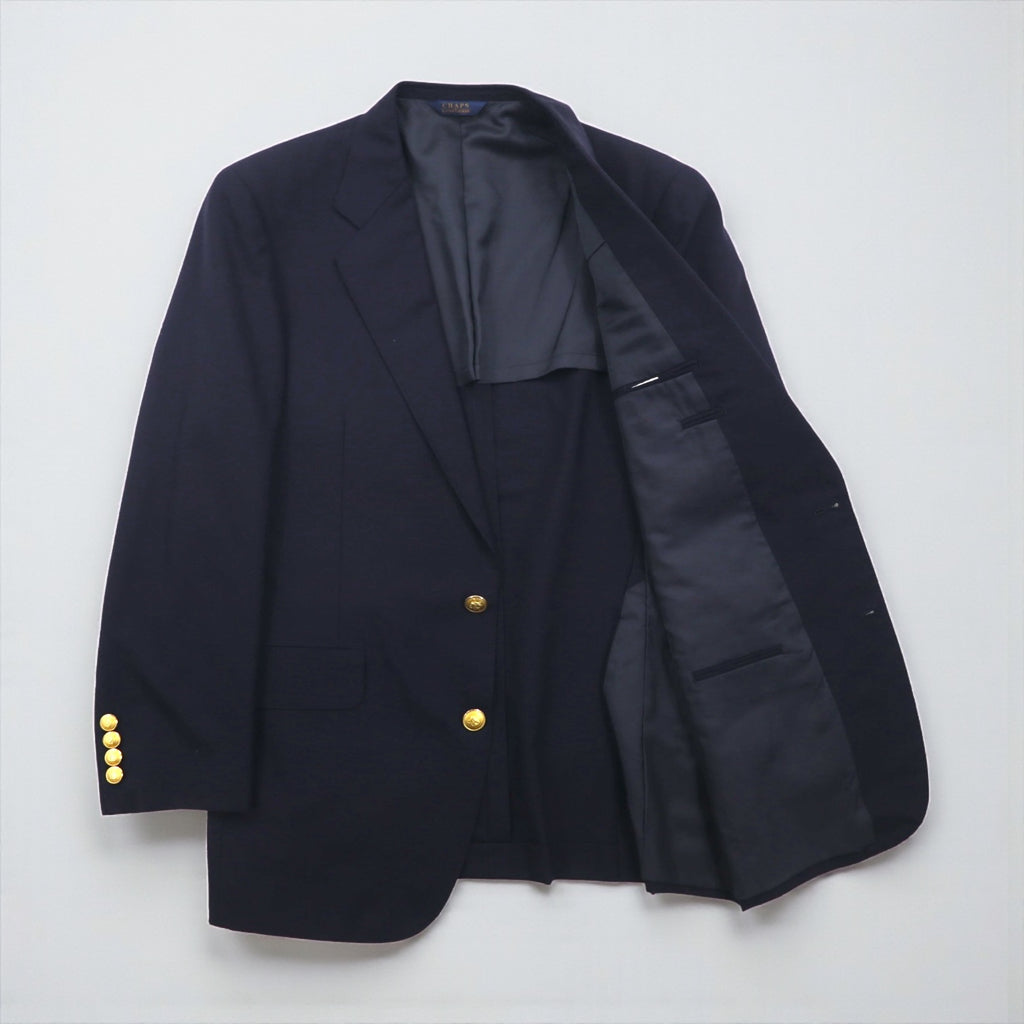 CHAPS Ralph Lauren 80s Made in Japan Leather Tailored Jacket, Size M, Navy Wool, Gold Buttons