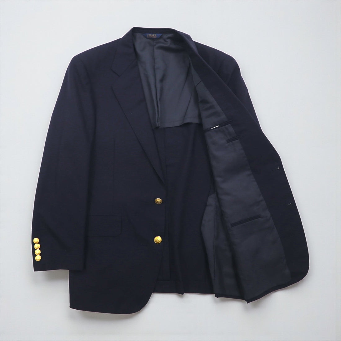 CHAPS Ralph Lauren 80s Made in Japan Leather Tailored Jacket, Size M, Navy Wool, Gold Buttons