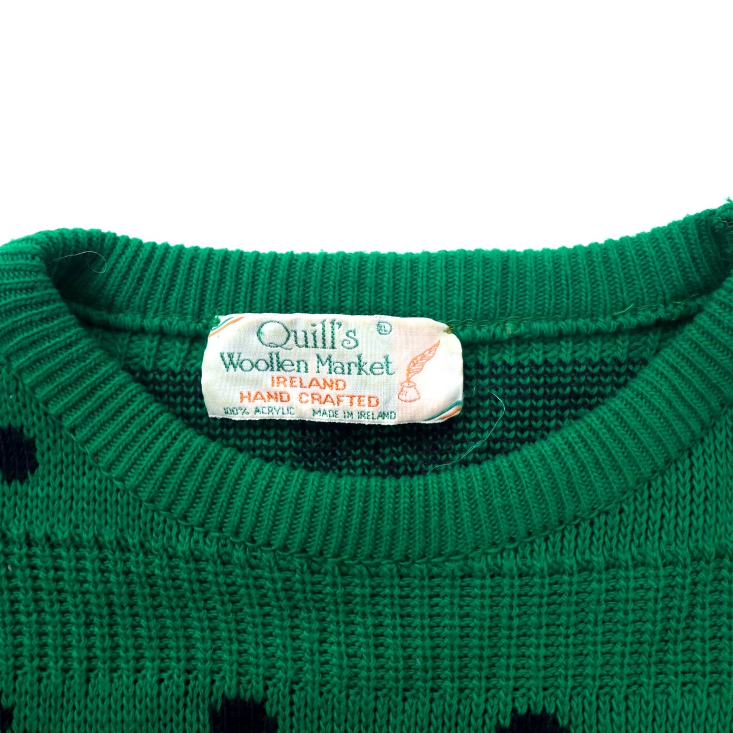 Quill's Woollen Market 70年代 アイルランド製 ローゲージ ニット セーター XL グリーン 総柄 クローバー アクリル ビッグサイズ