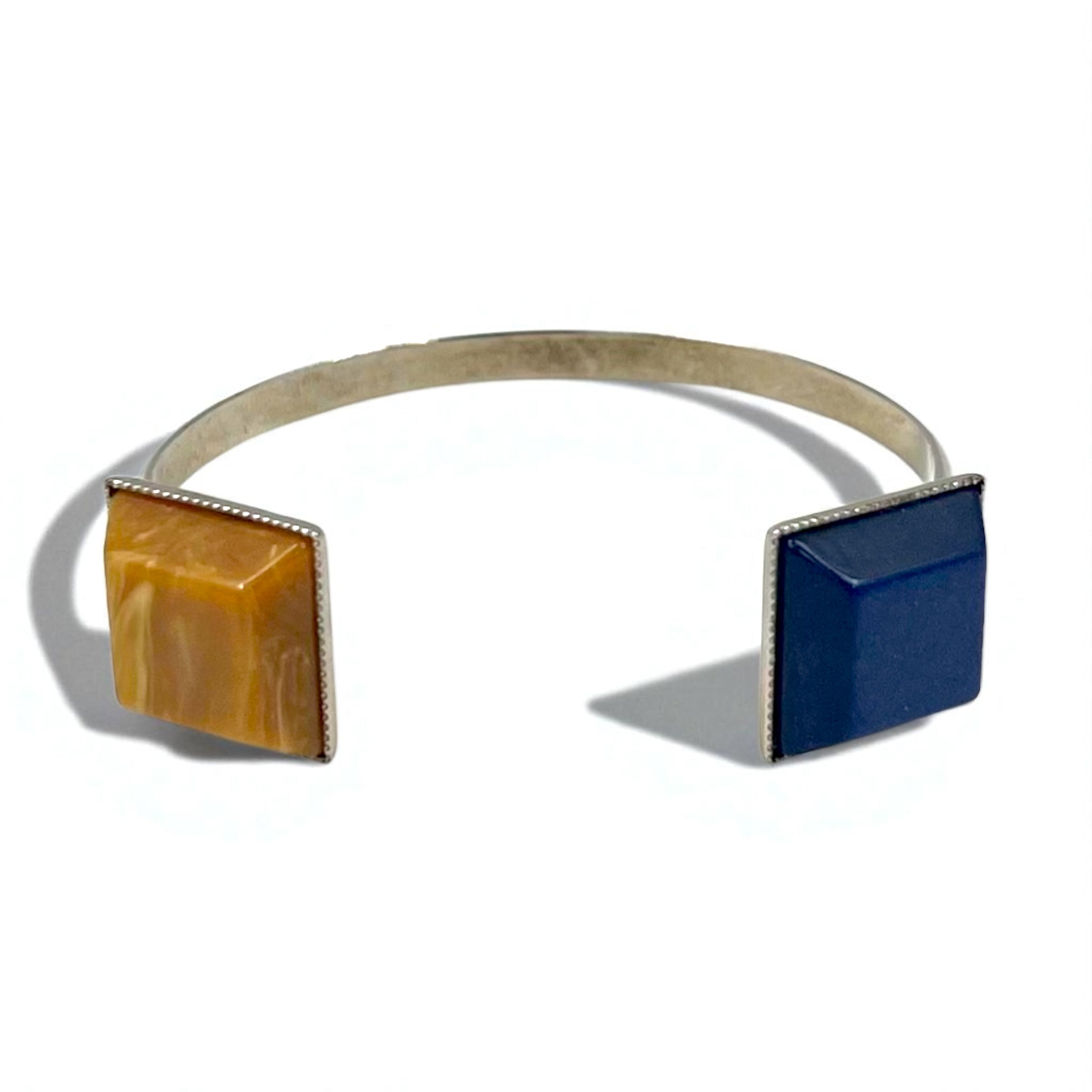 TOGA Color Stone Bangle Cuff Bracelet in Silver Metal with Square Shape and Blue Amber