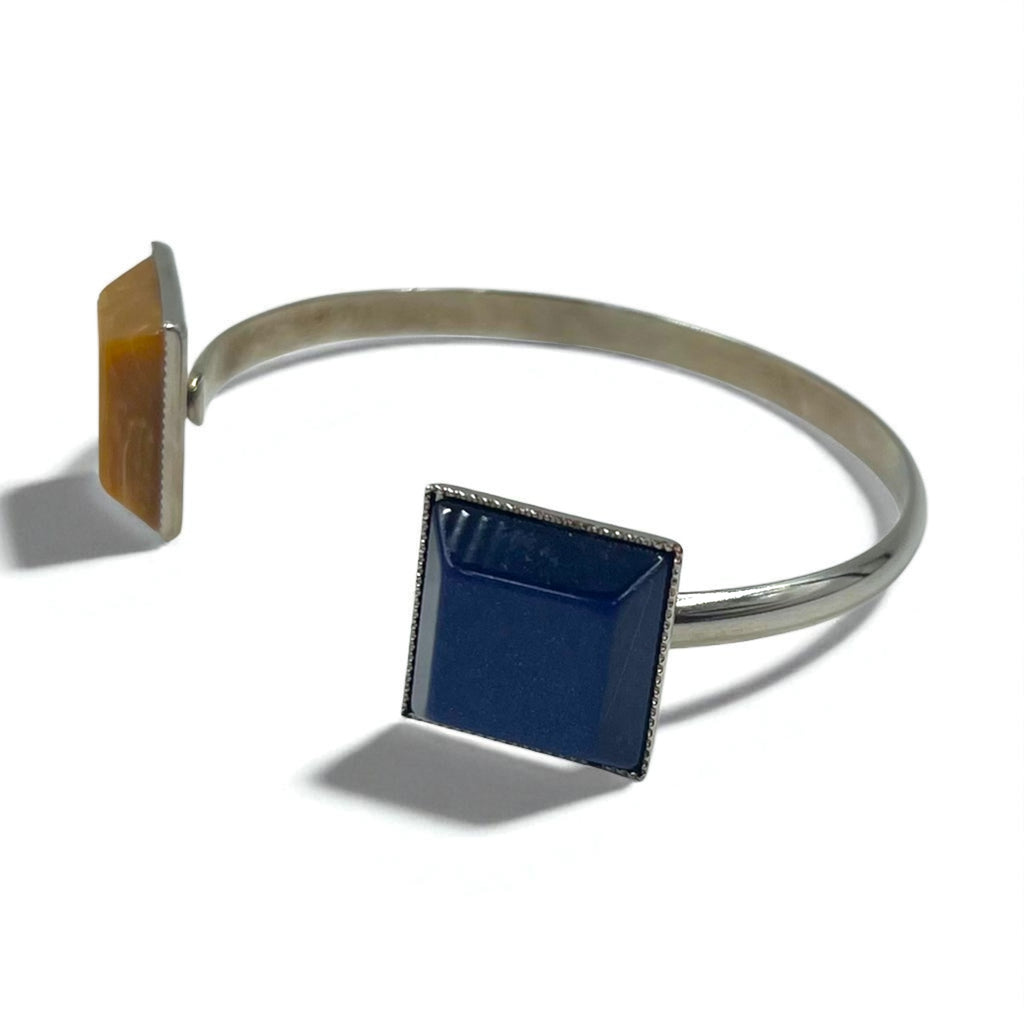TOGA Color Stone Bangle Cuff Bracelet in Silver Metal with Square Shape and Blue Amber