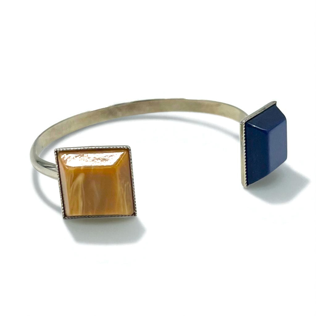 TOGA Color Stone Bangle Cuff Bracelet in Silver Metal with Square Shape and Blue Amber