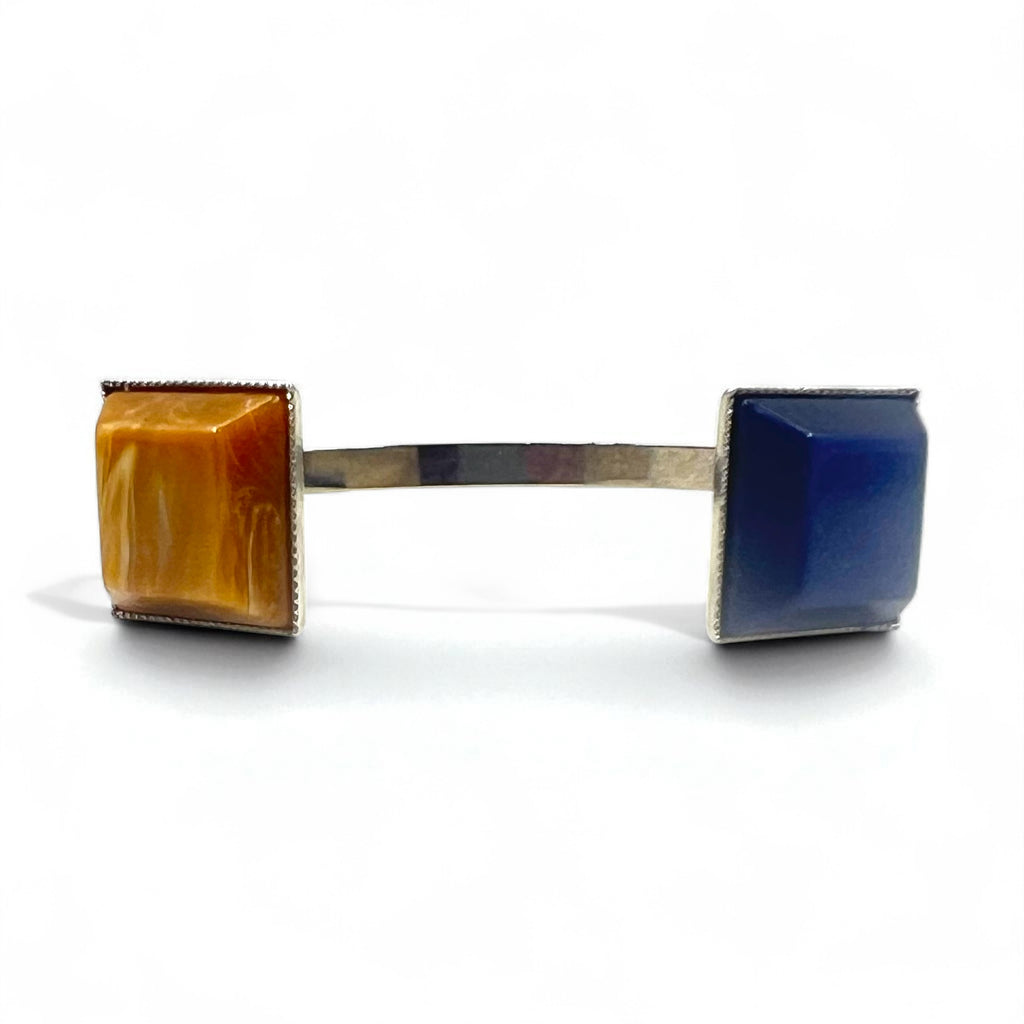 TOGA Color Stone Bangle Cuff Bracelet in Silver Metal with Square Shape and Blue Amber