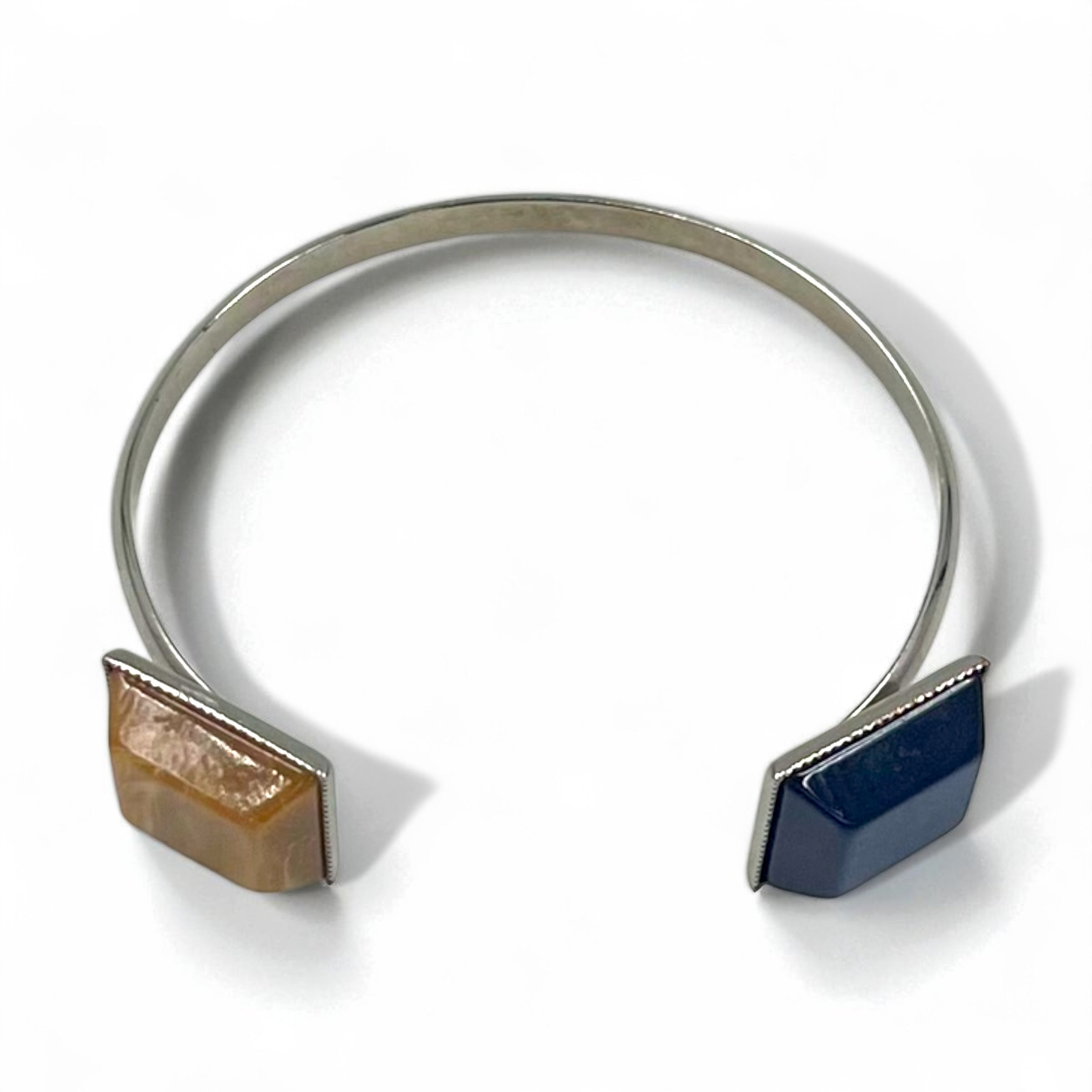 TOGA Color Stone Bangle Cuff Bracelet in Silver Metal with Square Shape and Blue Amber