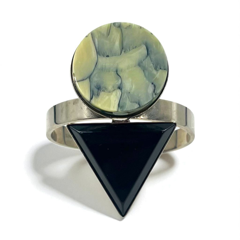 TOGA Geometric Color Stone Bangle Cuff Bracelet in Silver Metal with Marble, Circle, and Triangle Designs