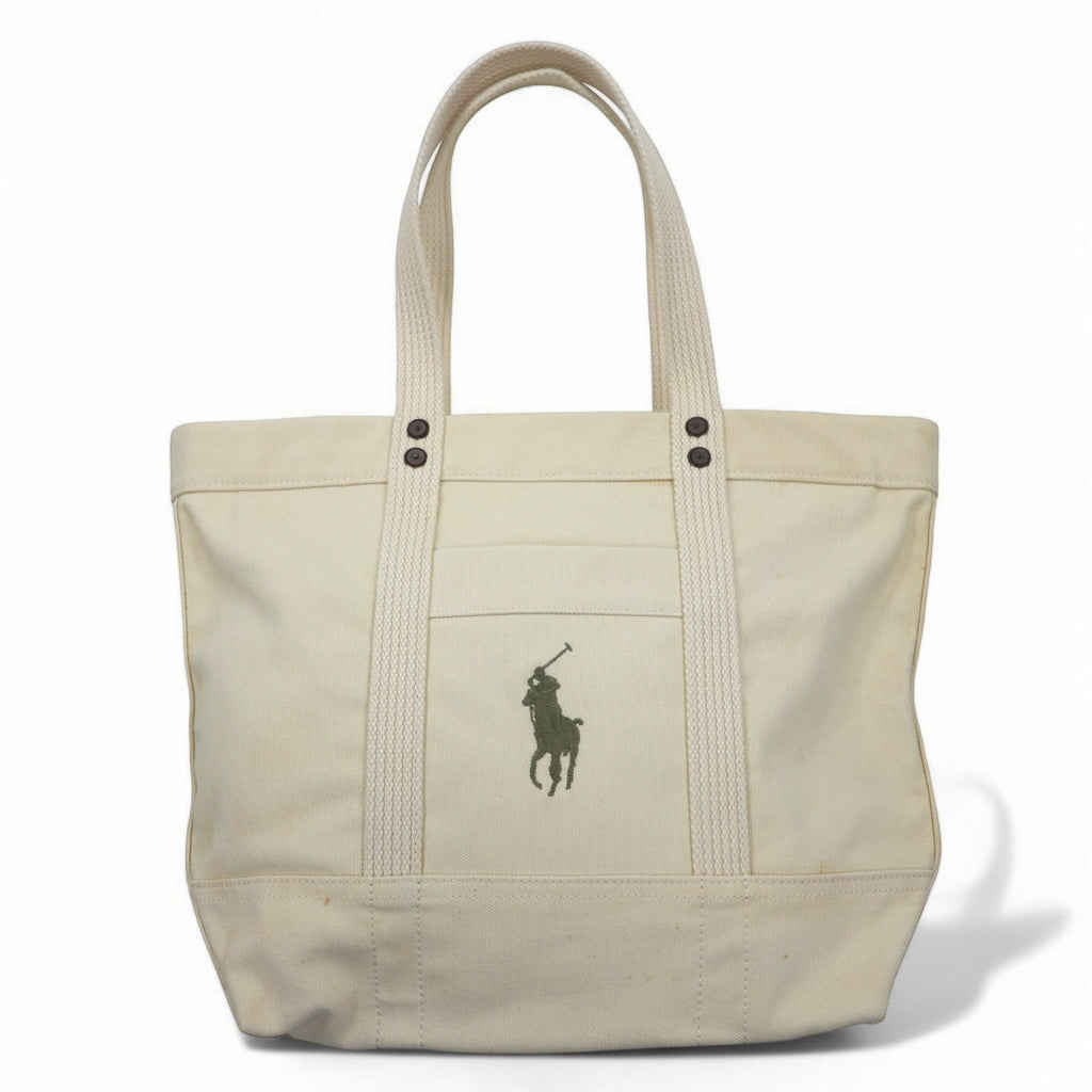 日本然リトテ-古着オンライン-POLO RALPH LAUREN キャンバス トートバッグ ホワイト コットン ビッグポニー刺繍-POLO RALPH LAUREN Canvas Tote Bag White Cotton Big Pony Embroidery