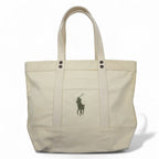 日本然リトテ-古着オンライン-POLO RALPH LAUREN キャンバス トートバッグ ホワイト コットン ビッグポニー刺繍-POLO RALPH LAUREN Canvas Tote Bag White Cotton Big Pony Embroidery