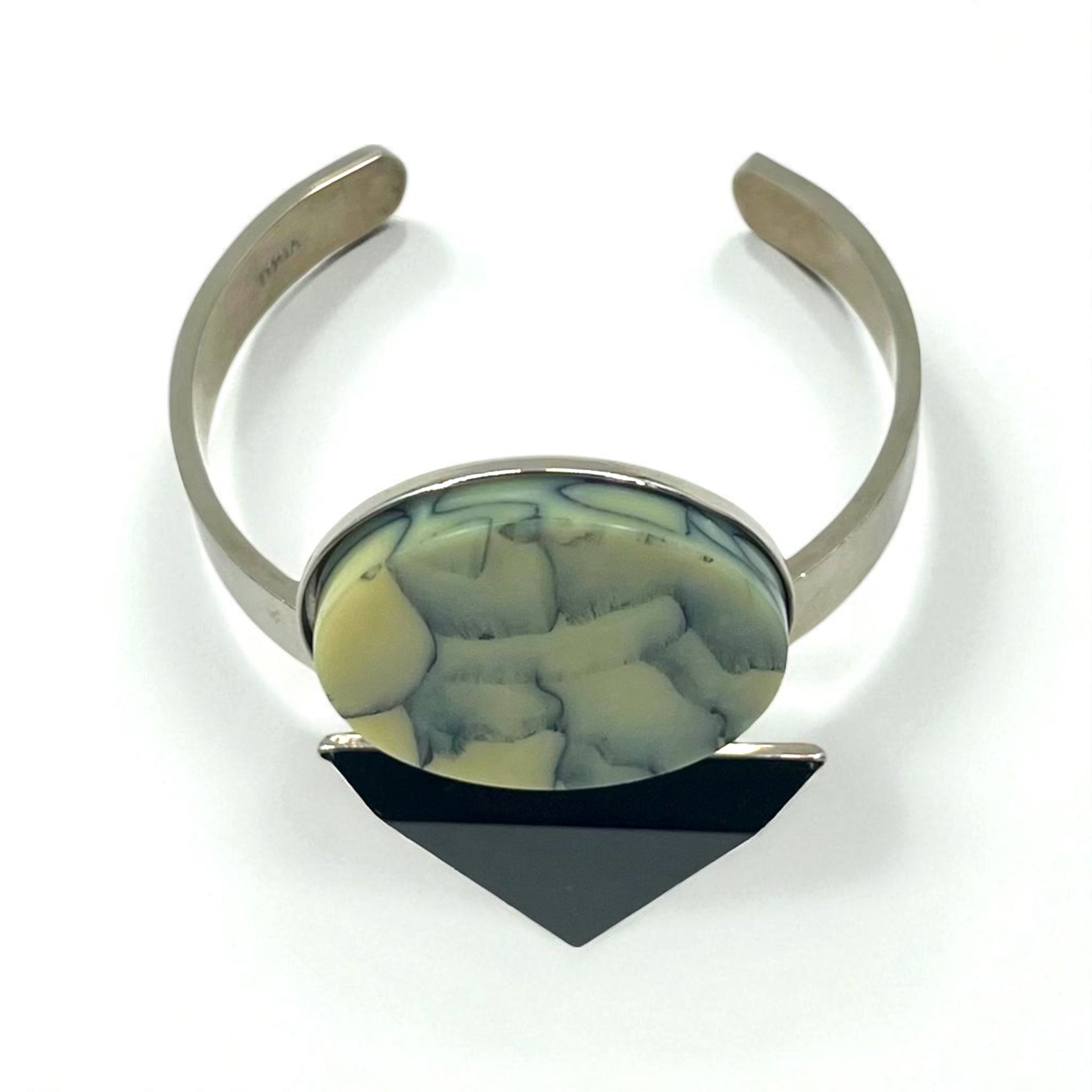 TOGA Geometric Color Stone Bangle Cuff Bracelet in Silver Metal with Marble, Circle, and Triangle Designs