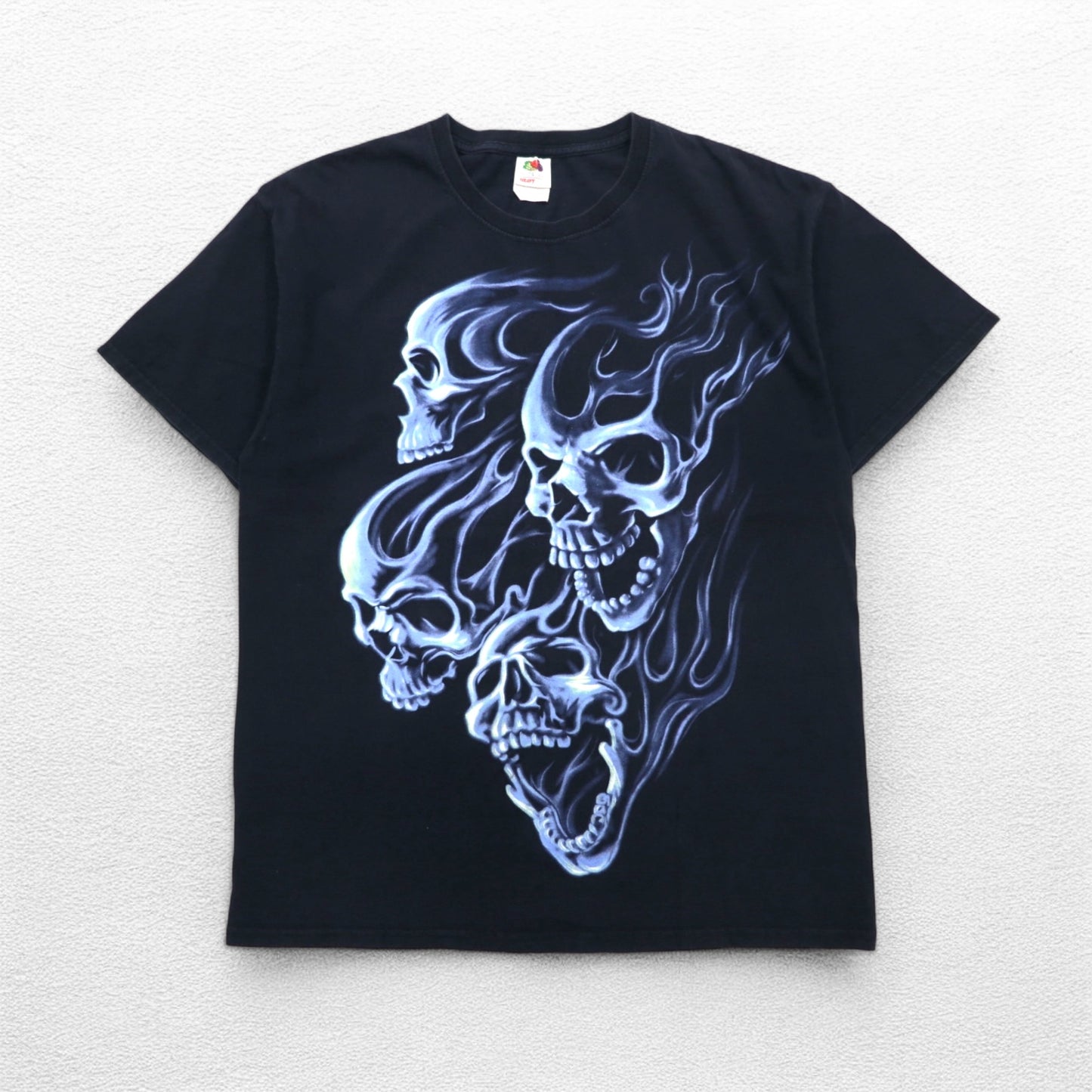 FRUIT OF THE LOOM 00s Skull Print T-Shirt L Black Cotton Fire Spirit