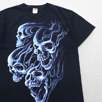 FRUIT OF THE LOOM 00s Skull Print T-Shirt L Black Cotton Fire Spirit