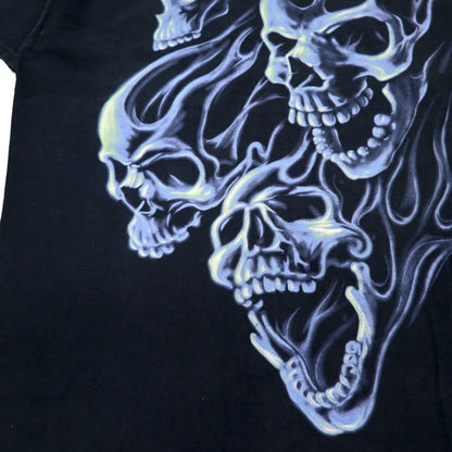 FRUIT OF THE LOOM 00s Skull Print T-Shirt L Black Cotton Fire Spirit