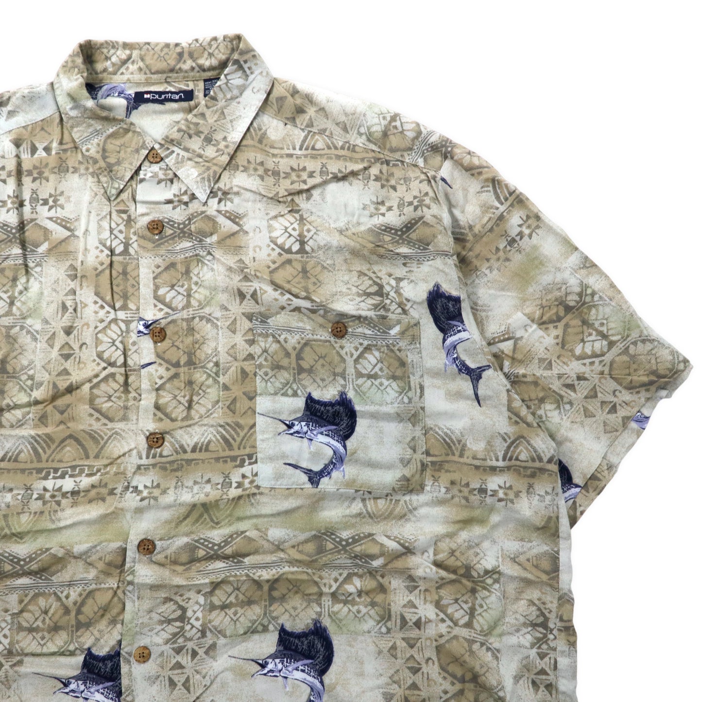 puritan アロハシャツ 3XL ベージュ レーヨン 総柄 カジキ 魚 ビッグサイズ