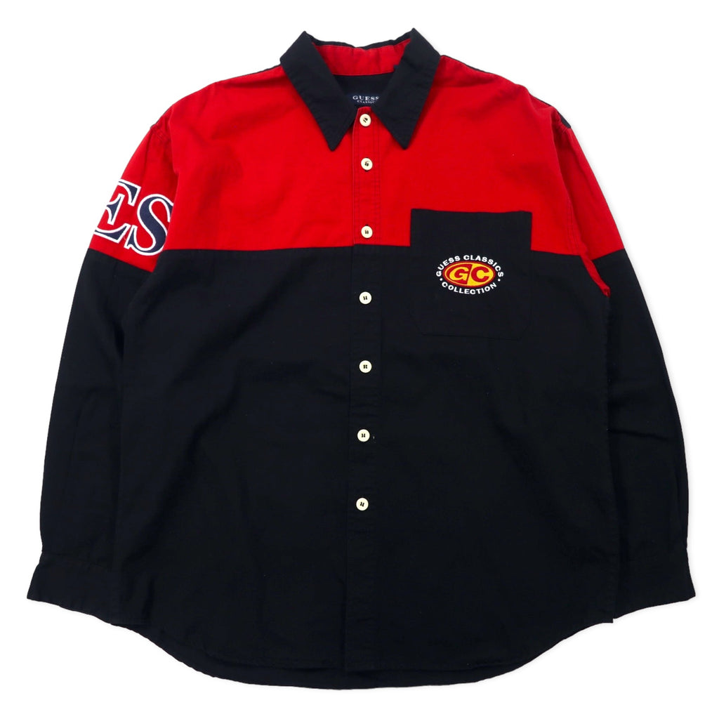 日本然リトテ-古着オンライン-GUESS CLASSICS 90年代 ロゴ刺繍 ワークシャツ XL ブラック レッド バイカラー コットン-GUESS CLASSICS 90's Logo Embroidery Work Shirt XL Black Red By Collar Cotton