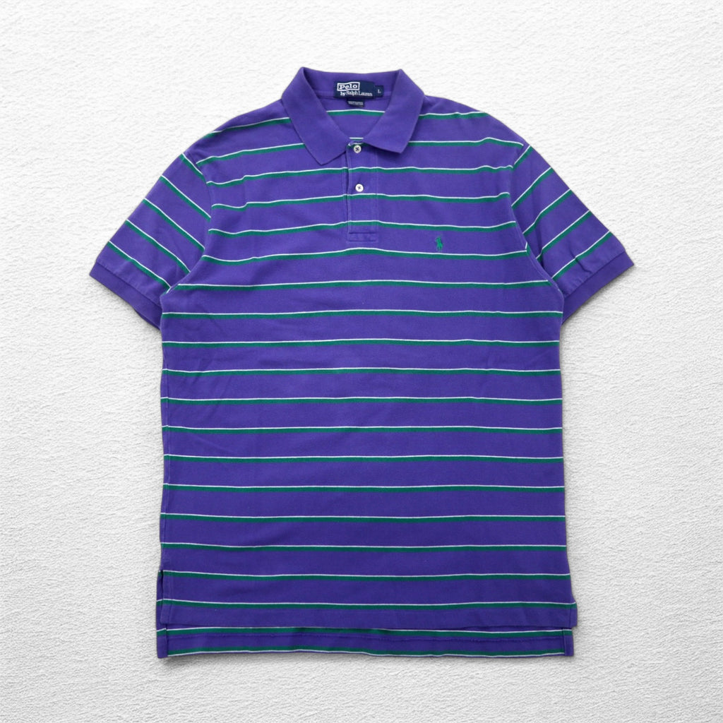 Polo by Ralph Lauren 90s Striped Polo Shirt L Purple Cotton Pique Small Pony Embroidery