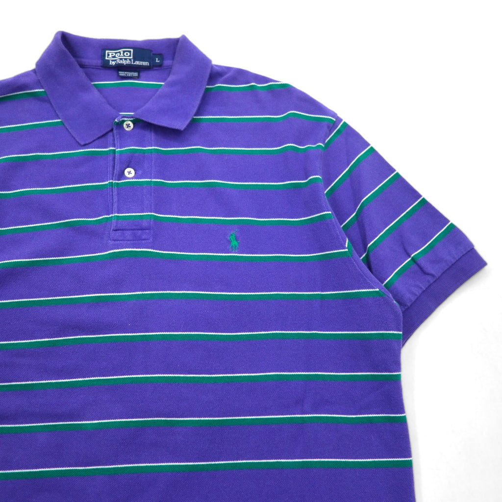 Polo by Ralph Lauren 90s Striped Polo Shirt L Purple Cotton Pique Small Pony Embroidery