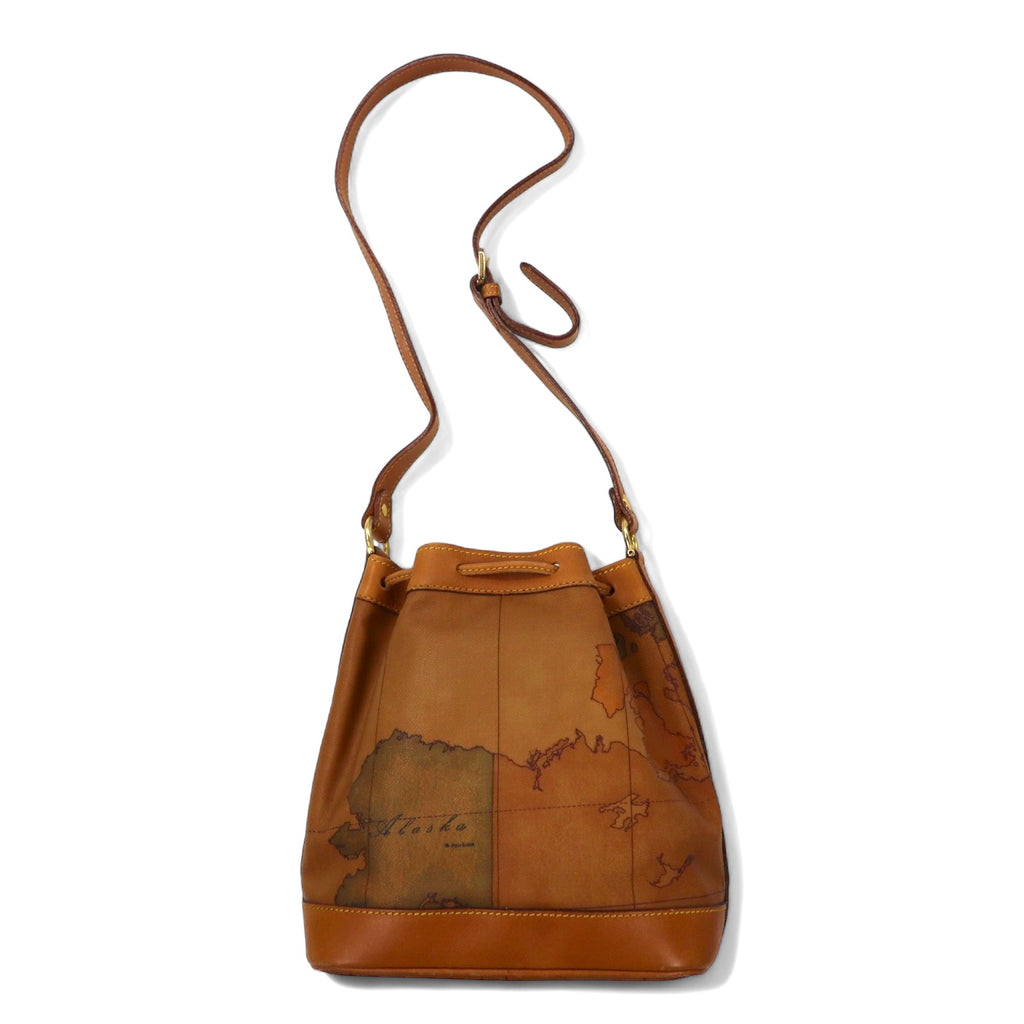 PRIMA CLASSE Made in Italy Drawstring Shoulder Bag Beige PVC Leather World Map