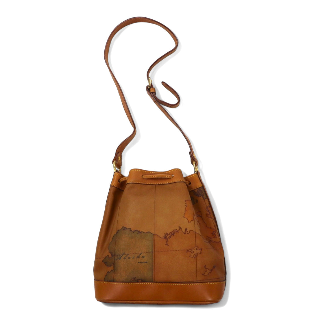PRIMA CLASSE Made in Italy Drawstring Shoulder Bag Beige PVC Leather World Map