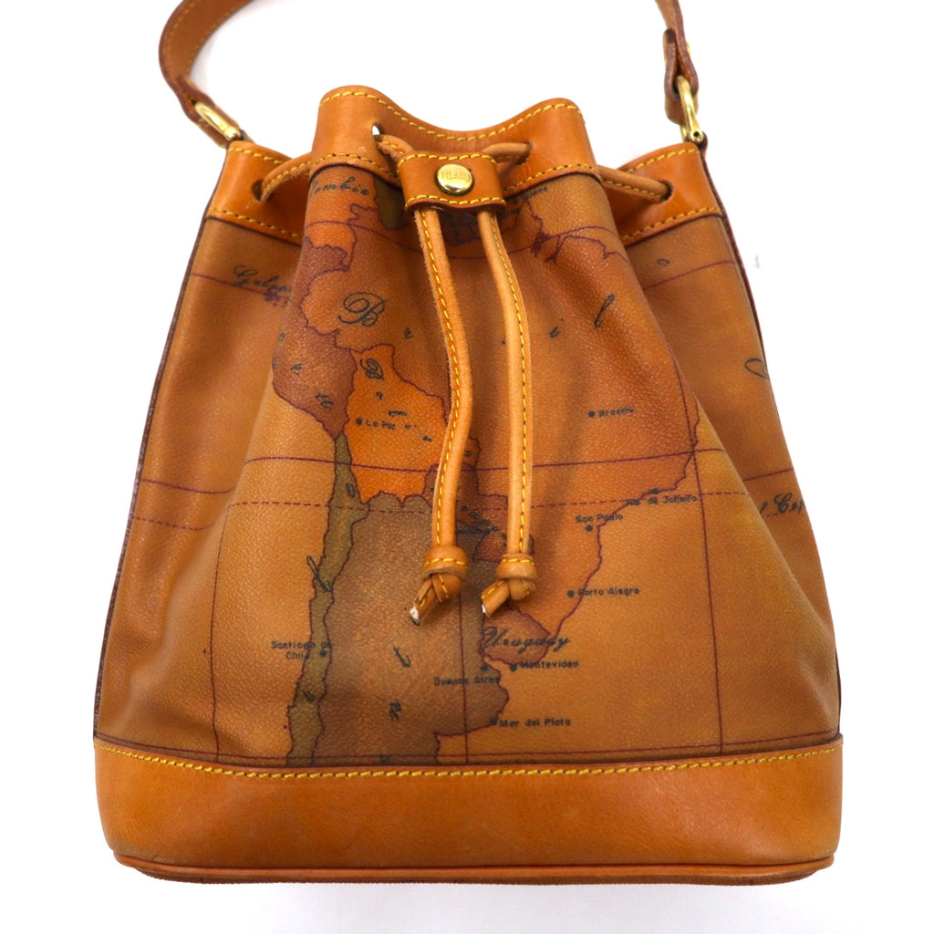 PRIMA CLASSE Made in Italy Drawstring Shoulder Bag Beige PVC Leather World Map