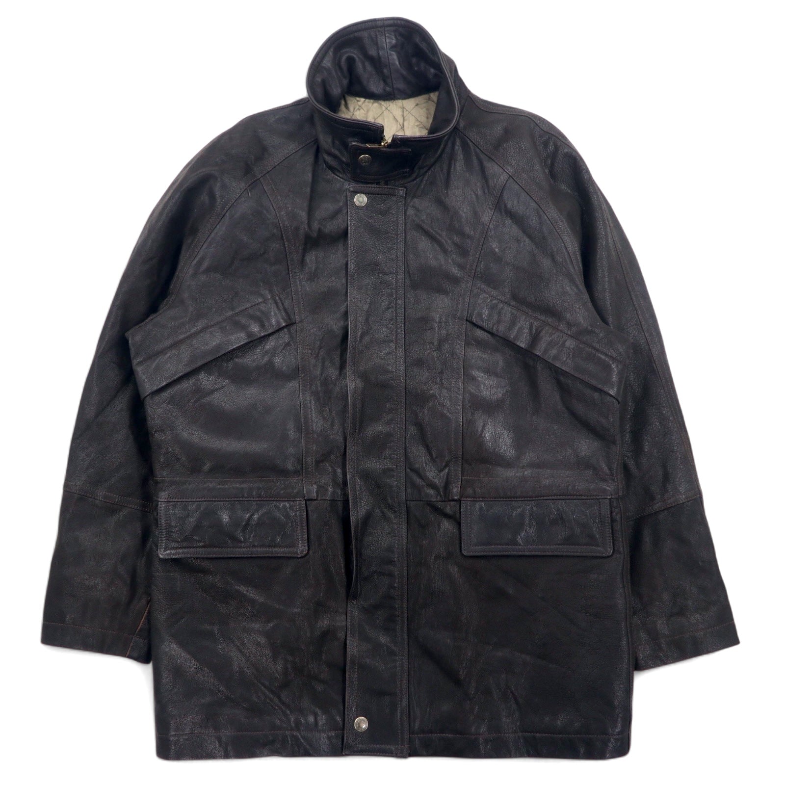 日本然リトテ-古着オンライン-フランス製 LAQUIERE ユーロヴィンテージ スタンドカラー レザー カーコート L ブラウン ゴートスキン 山羊革 ドローコード-France Made LAQUIERE Euro Vintage Stand Collar Leather Car Coat L Brown Goatskin Goatskin Drawcord