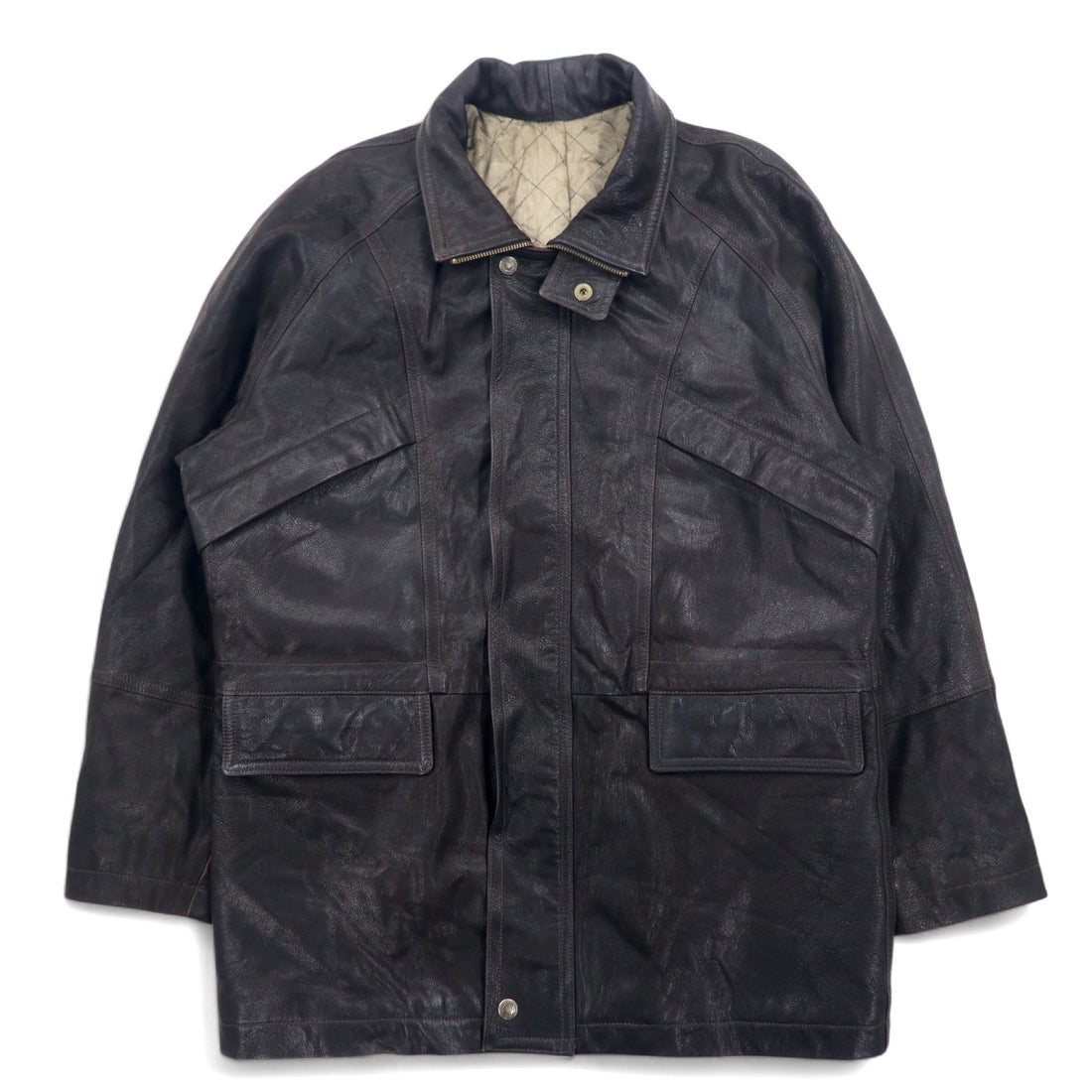 Made in France LAQUIERE Euro Vintage Stand Collar Leather Car Coat L Brown Goatskin Drawstring
