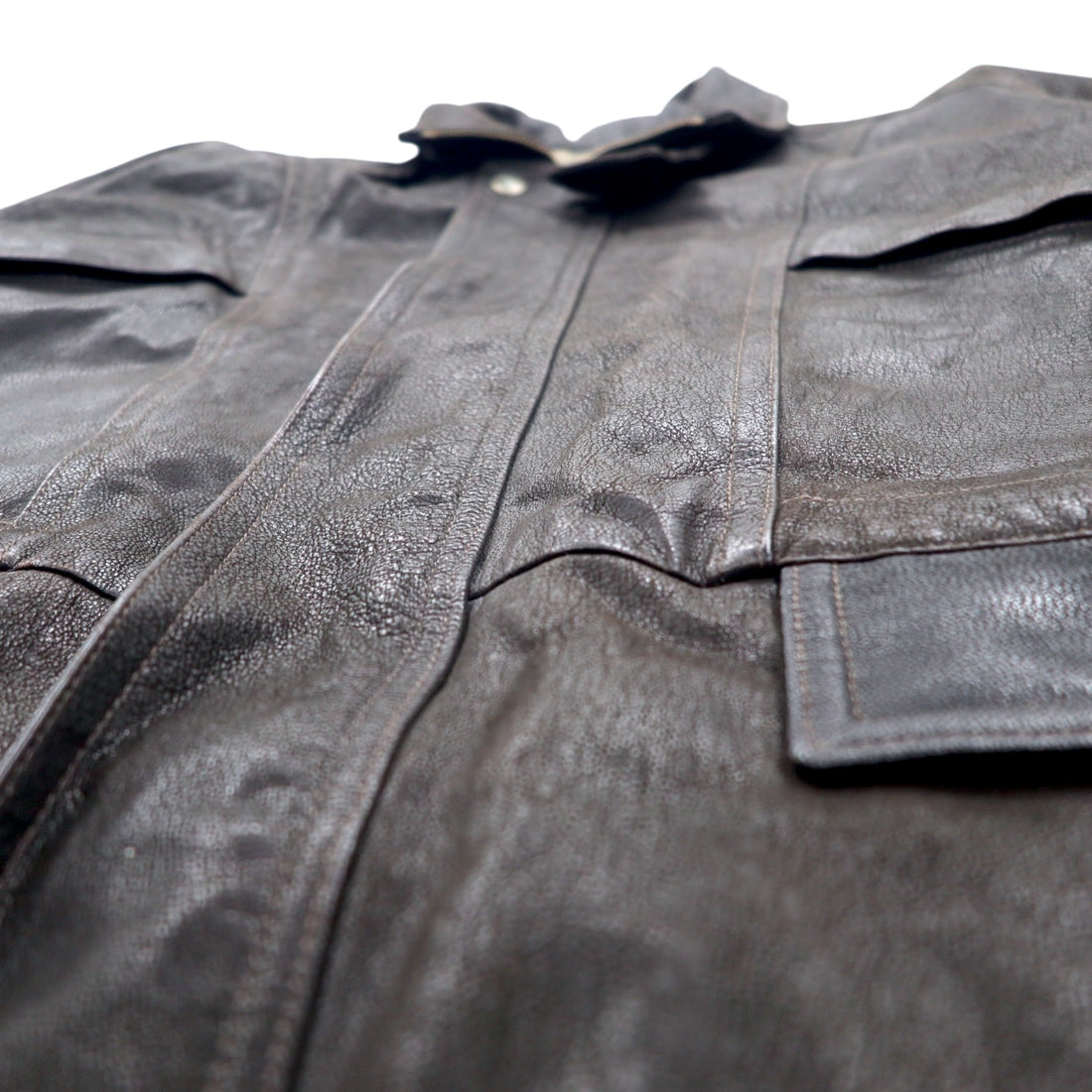 Made in France LAQUIERE Euro Vintage Stand Collar Leather Car Coat L Brown Goatskin Drawstring