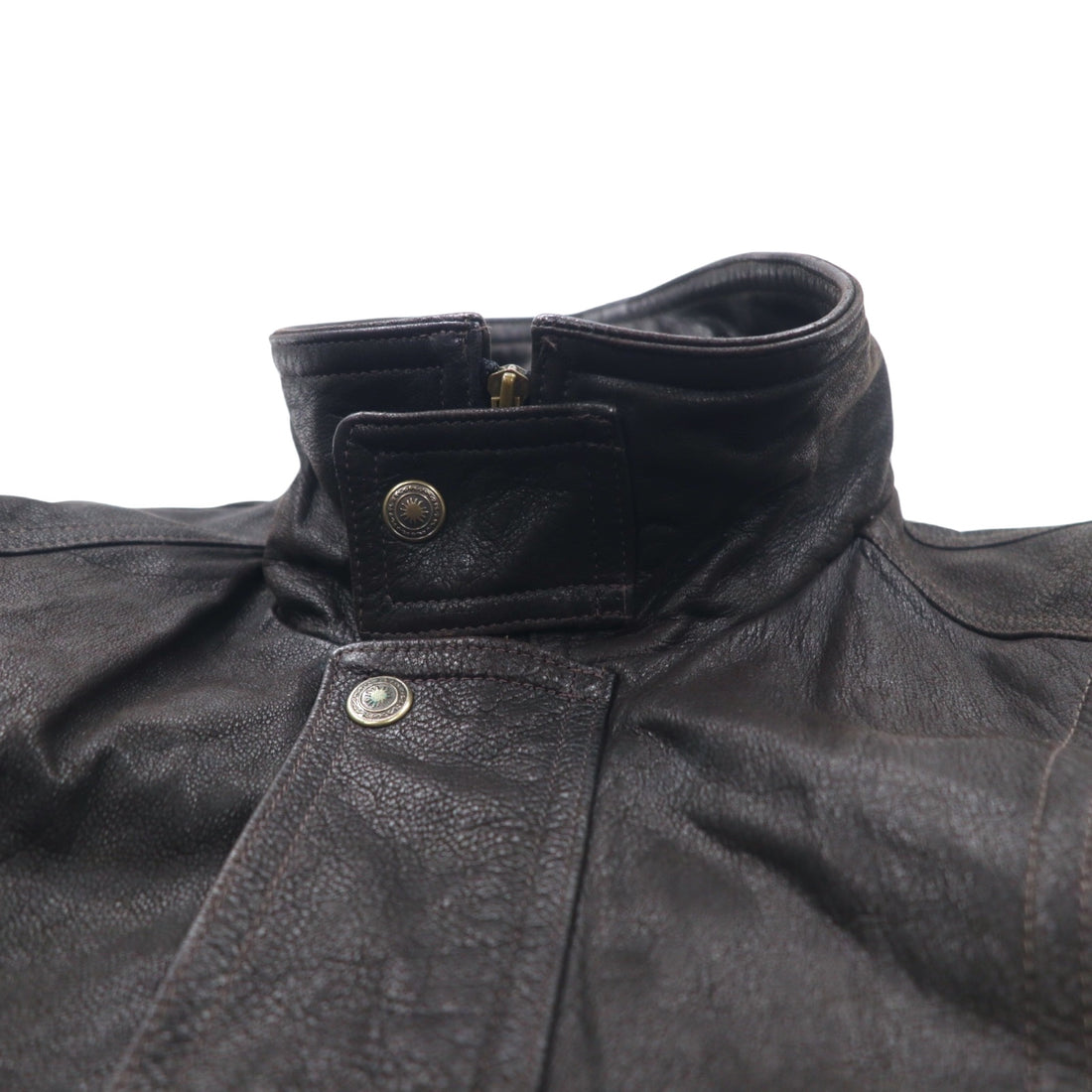 Made in France LAQUIERE Euro Vintage Stand Collar Leather Car Coat L Brown Goatskin Drawstring
