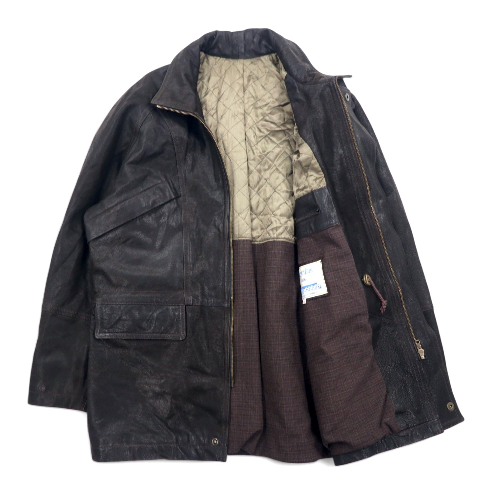 Made in France LAQUIERE Euro Vintage Stand Collar Leather Car Coat L Brown Goatskin Drawstring