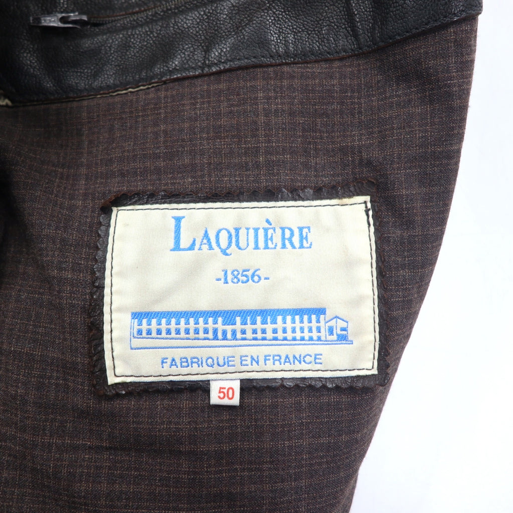 Made in France LAQUIERE Euro Vintage Stand Collar Leather Car Coat L Brown Goatskin Drawstring