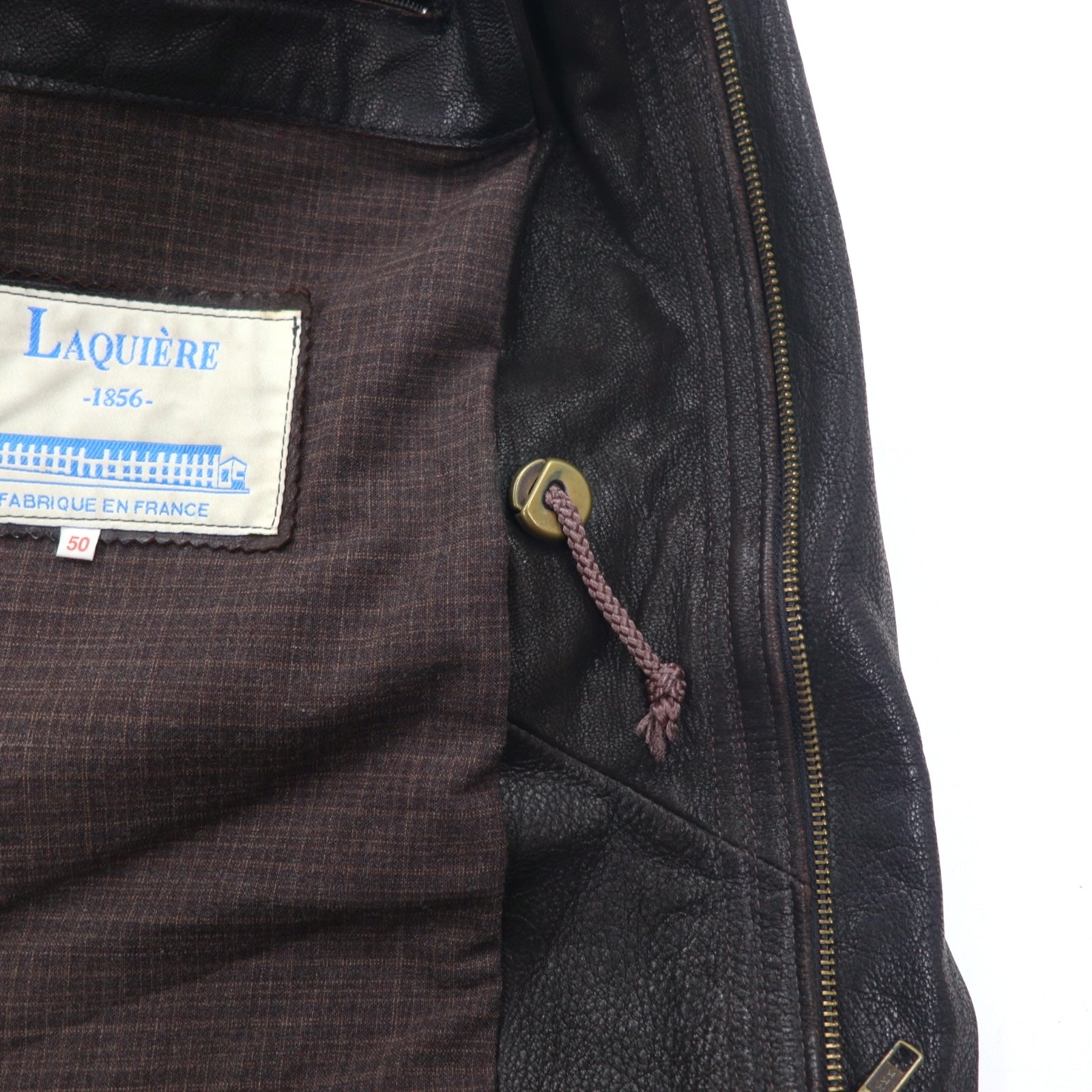 Made in France LAQUIERE Euro Vintage Stand Collar Leather Car Coat L Brown Goatskin Drawstring