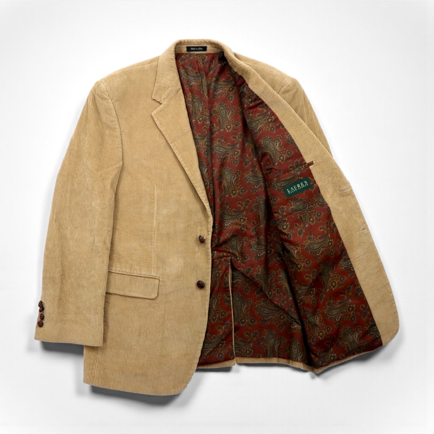 LAUREN RALPH LAUREN コーデュロイ 2B テーラードジャケット ブレザー L ベージュ くるみボタン 裏地ペイズリー柄