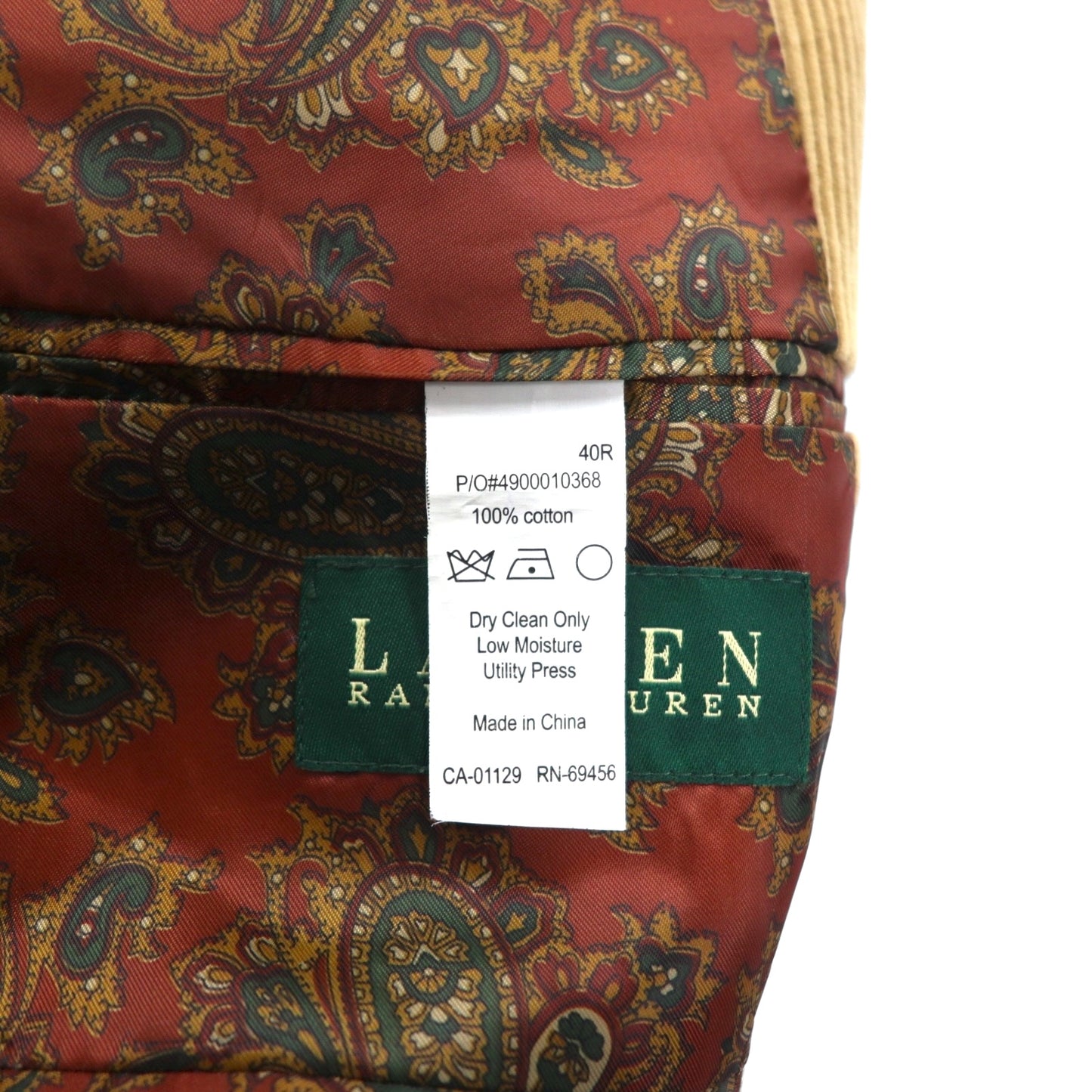 LAUREN RALPH LAUREN コーデュロイ 2B テーラードジャケット ブレザー L ベージュ くるみボタン 裏地ペイズリー柄