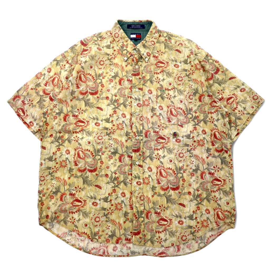 日本然リトテ-古着オンライン-TOMMY HILFIGER 90年代 半袖 ボタンダウンシャツ XL ベージュ 花柄 リネン コットン ビッグサイズ-TOMMY HILFIGER 90's Short Sleeve Button-down Shirts XL Beige Floral Linen Cotton Big Size
