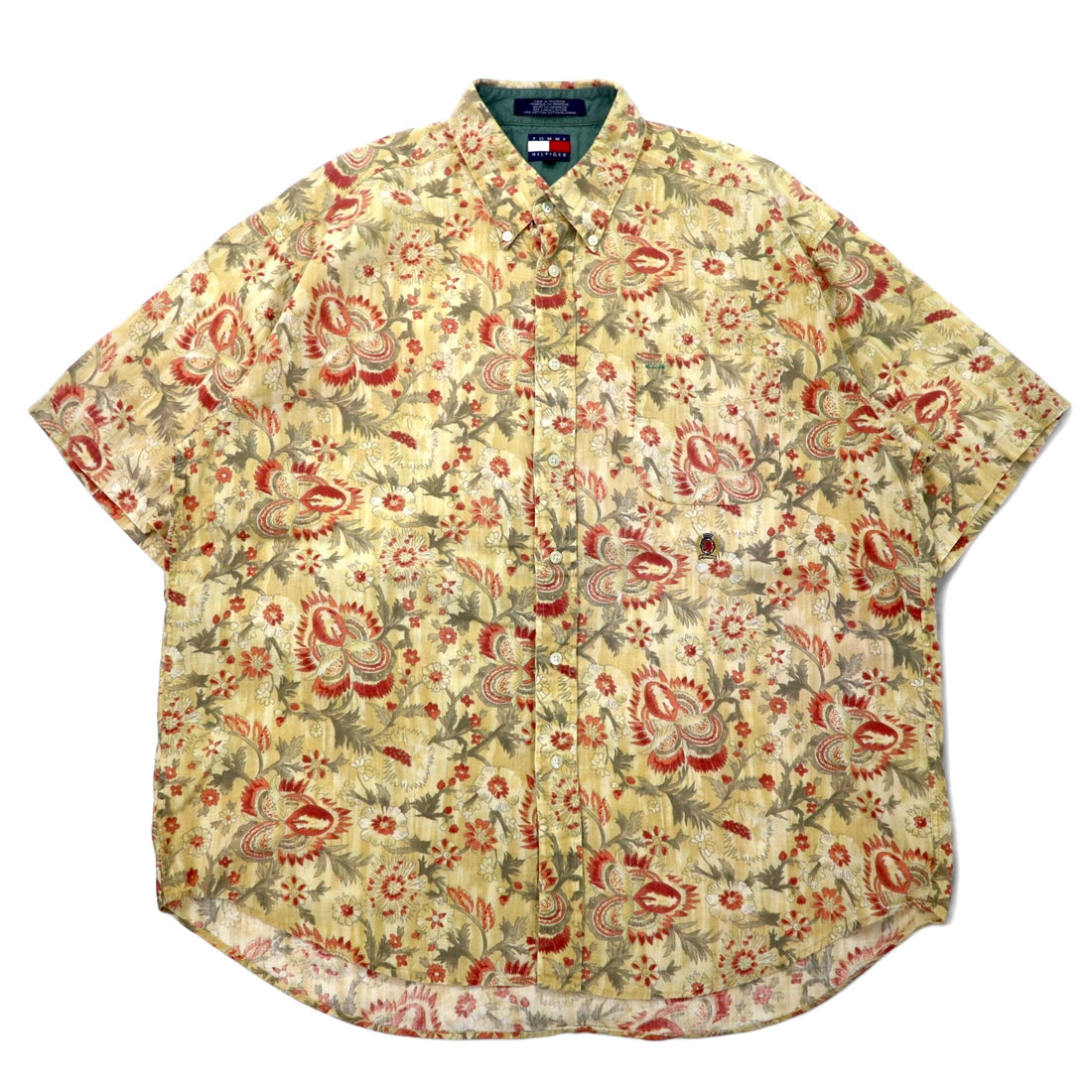 日本然リトテ-古着オンライン-TOMMY HILFIGER 90年代 半袖 ボタンダウンシャツ XL ベージュ 花柄 リネン コットン ビッグサイズ-TOMMY HILFIGER 90's Short Sleeve Button-down Shirts XL Beige Floral Linen Cotton Big Size