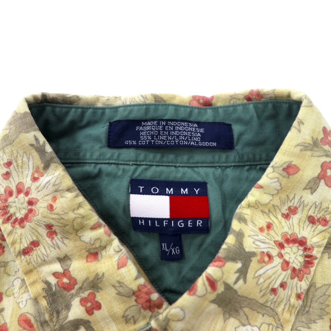 TOMMY HILFIGER 90年代 半袖 ボタンダウンシャツ XL ベージュ 花柄 リネン コットン ビッグサイズ