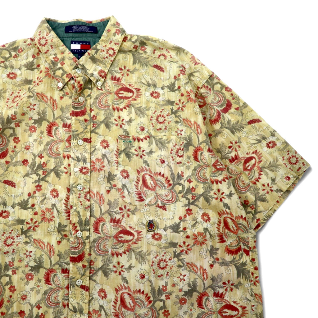 TOMMY HILFIGER 90年代 半袖 ボタンダウンシャツ XL ベージュ 花柄 リネン コットン ビッグサイズ