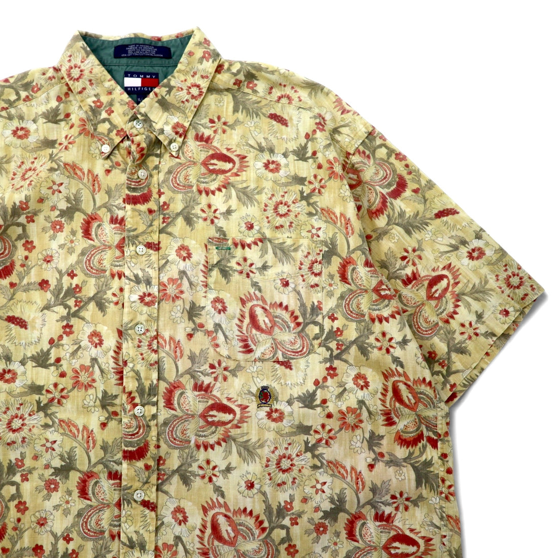 TOMMY HILFIGER 90年代 半袖 ボタンダウンシャツ XL ベージュ 花柄 リネン コットン ビッグサイズ