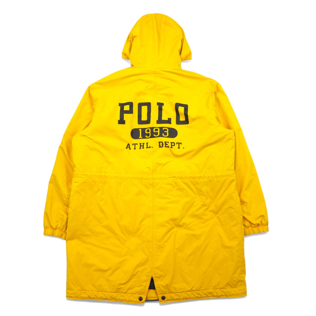 POLO RALPH LAUREN Mods Coat Bench Coat XL Yellow Polyester Boa Liner Padding Drawstring College Logo Print Back Logo