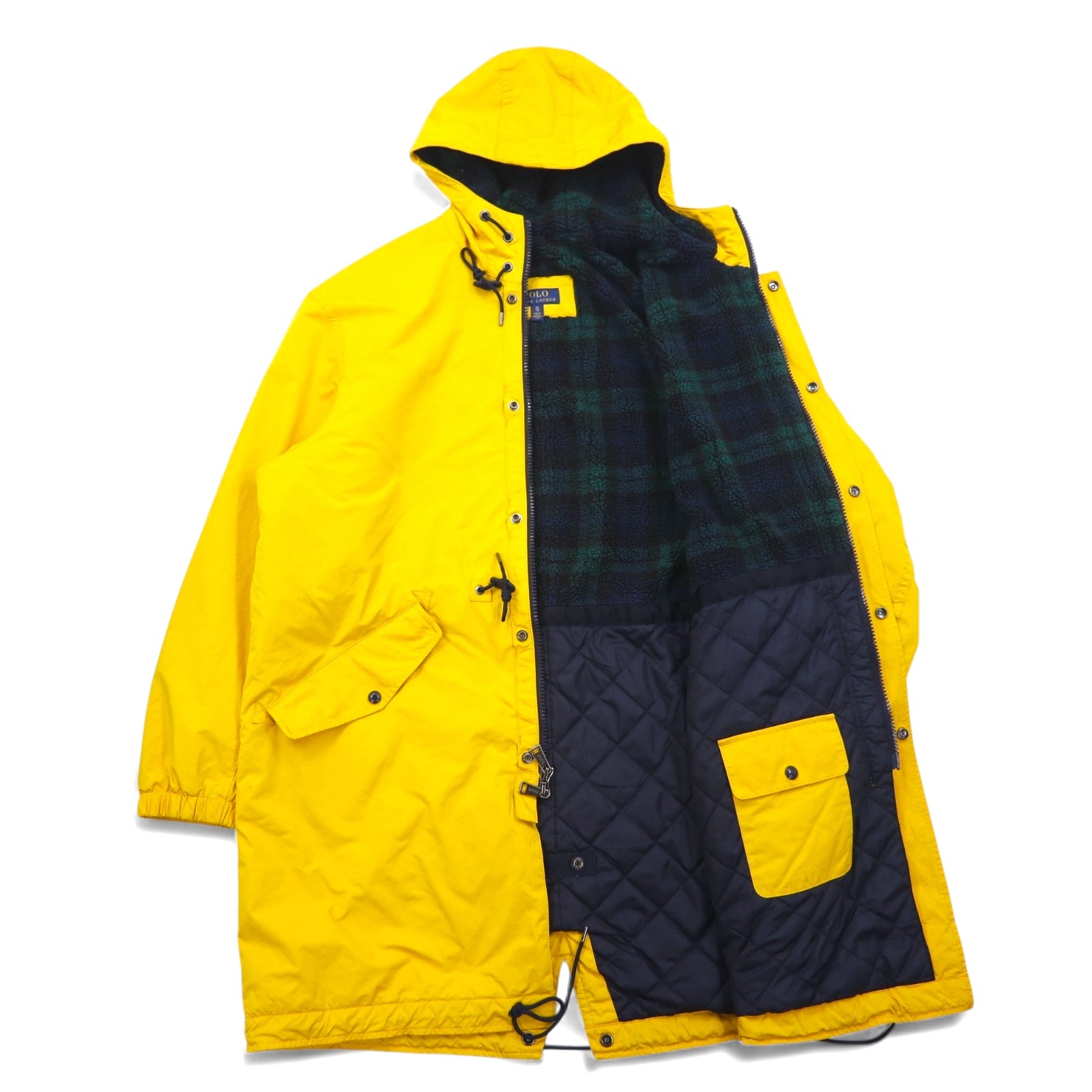 POLO RALPH LAUREN Mods Coat Bench Coat XL Yellow Polyester Boa Liner Padding Drawstring College Logo Print Back Logo