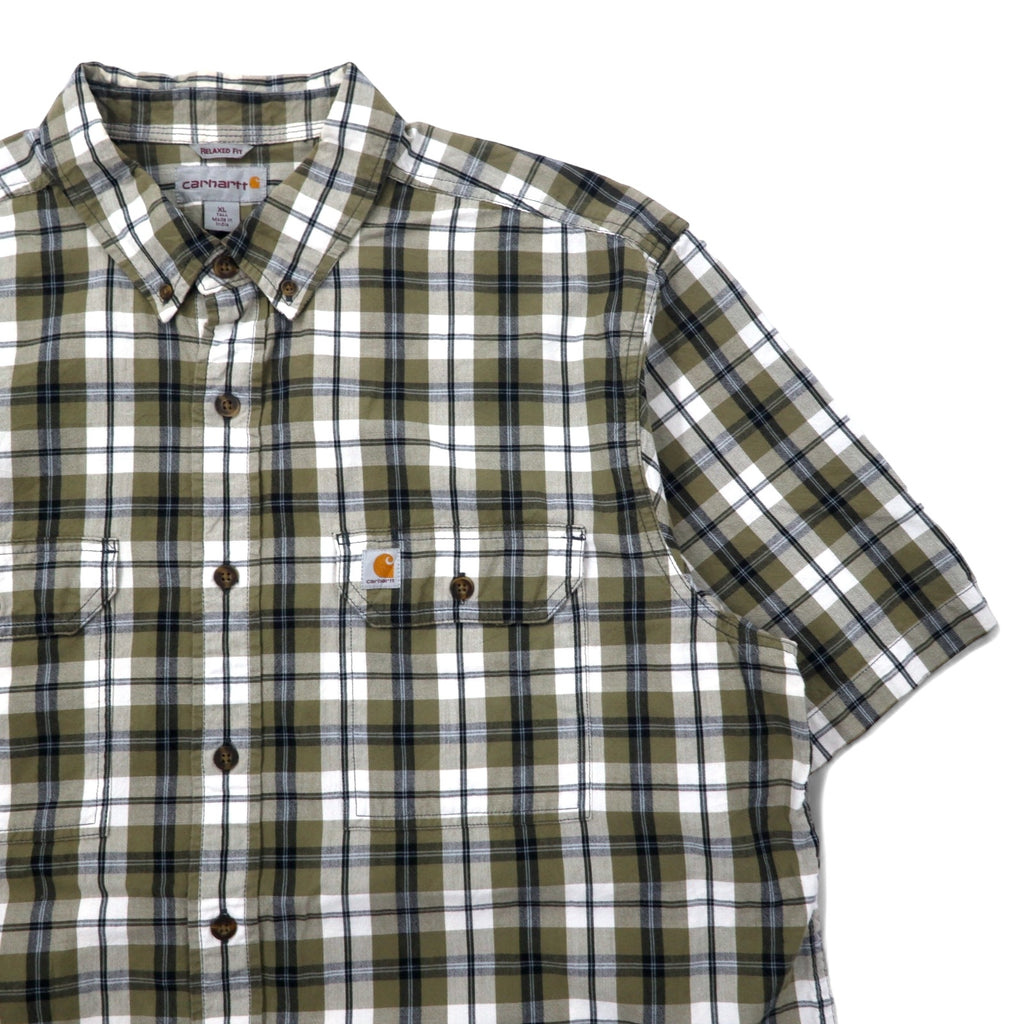 carhartt リラックスフィット 半袖 ボタンダウンシャツ XL カーキ ホワイト チェック コットン ビッグサイズ