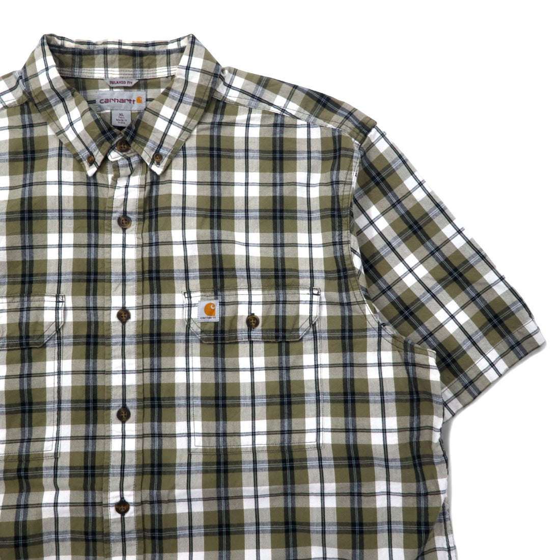 carhartt リラックスフィット 半袖 ボタンダウンシャツ XL カーキ ホワイト チェック コットン ビッグサイズ