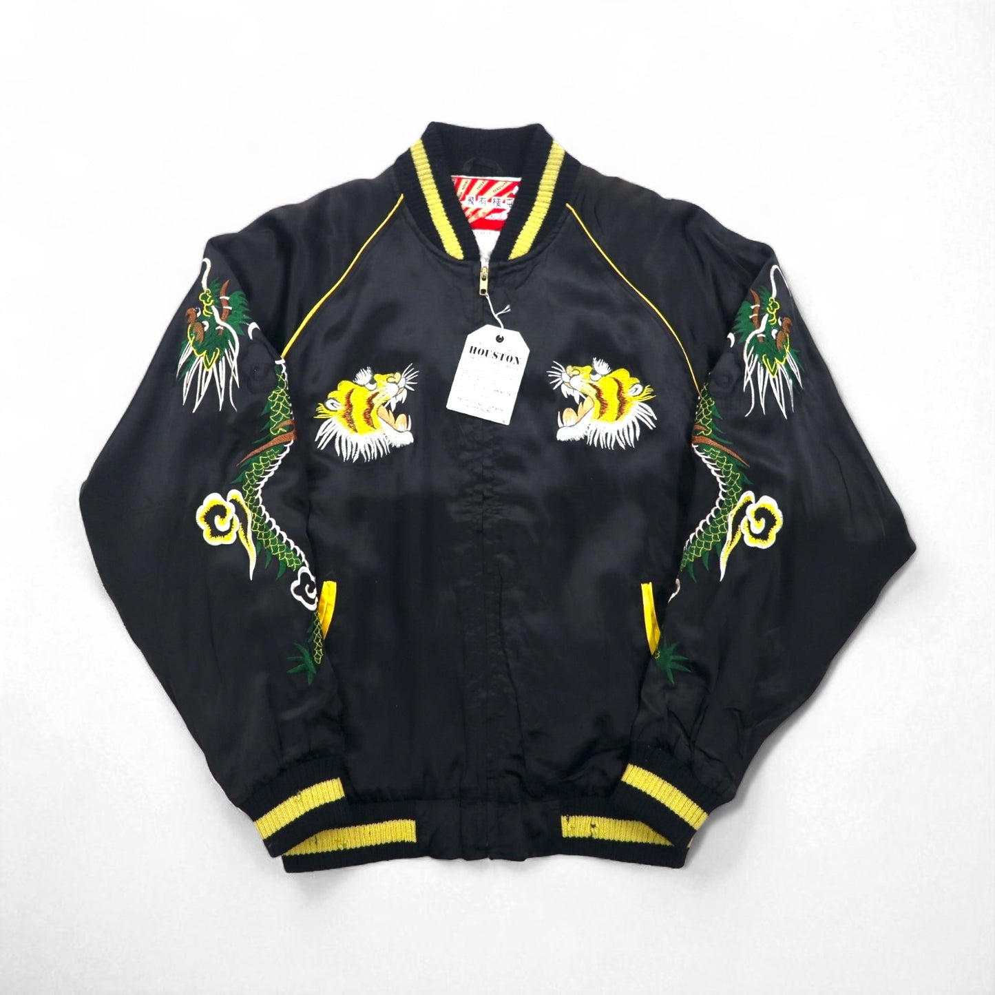 HOUSTON 90s Japanese-made Sukajan Jacket, Size L, Black Nylon, Embroidered with Tiger and Dragon Designs