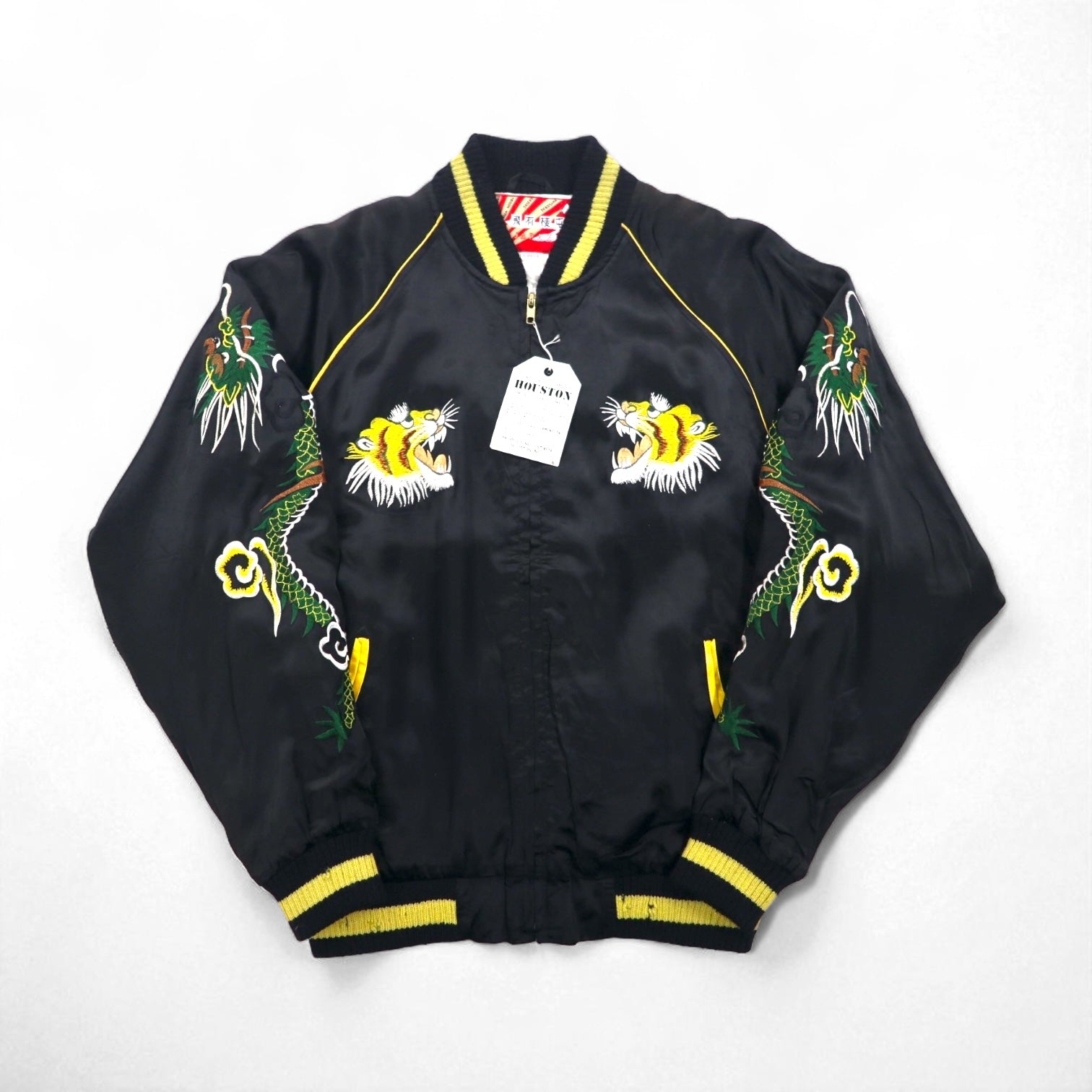 HOUSTON 90s Japanese-made Sukajan Jacket, Size L, Black Nylon, Embroidered with Tiger and Dragon Designs