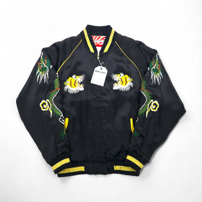 HOUSTON 90s Japanese-made Sukajan Jacket, Size L, Black Nylon, Embroidered with Tiger and Dragon Designs