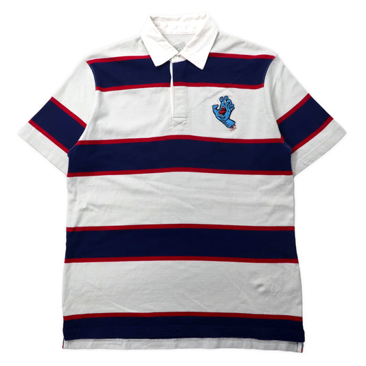 日本然リトテ-古着オンライン-SANTA CRUZ ボーダー ポロシャツ L ホワイト コットン ロゴ刺繍 MINI SCREAMING HAND 50291201-Santa CRUZ STRIPED Polo Shirt L White Cotton Logo Embroidery Mini Screaming Hand 50291201